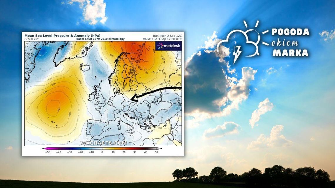 chmury na niebie, obok mapa pogody Europy