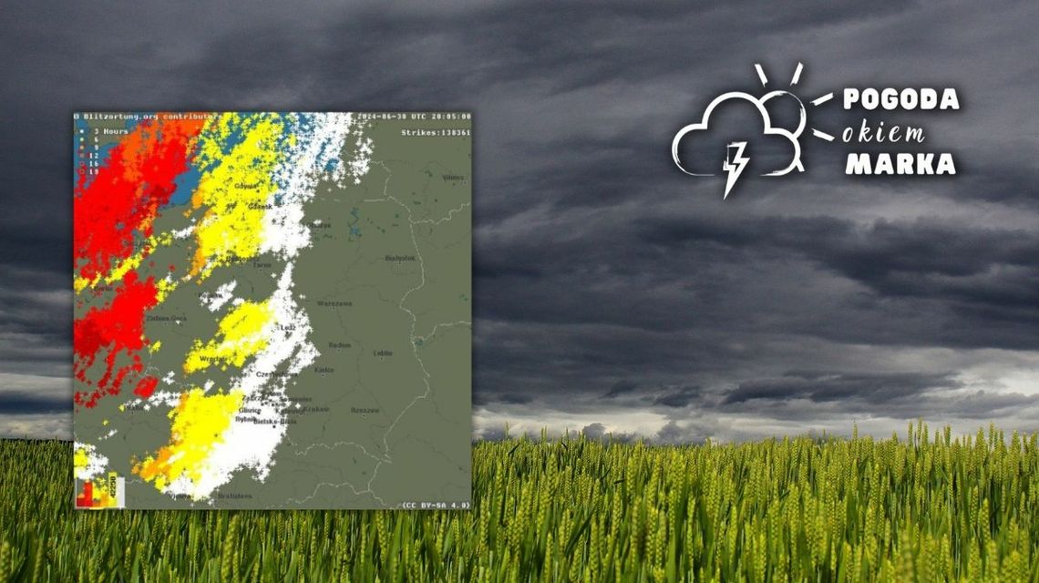 ciemne chmury nad polem ze zbożem obok grafika pokazująca ilość wyładowań w Polsce