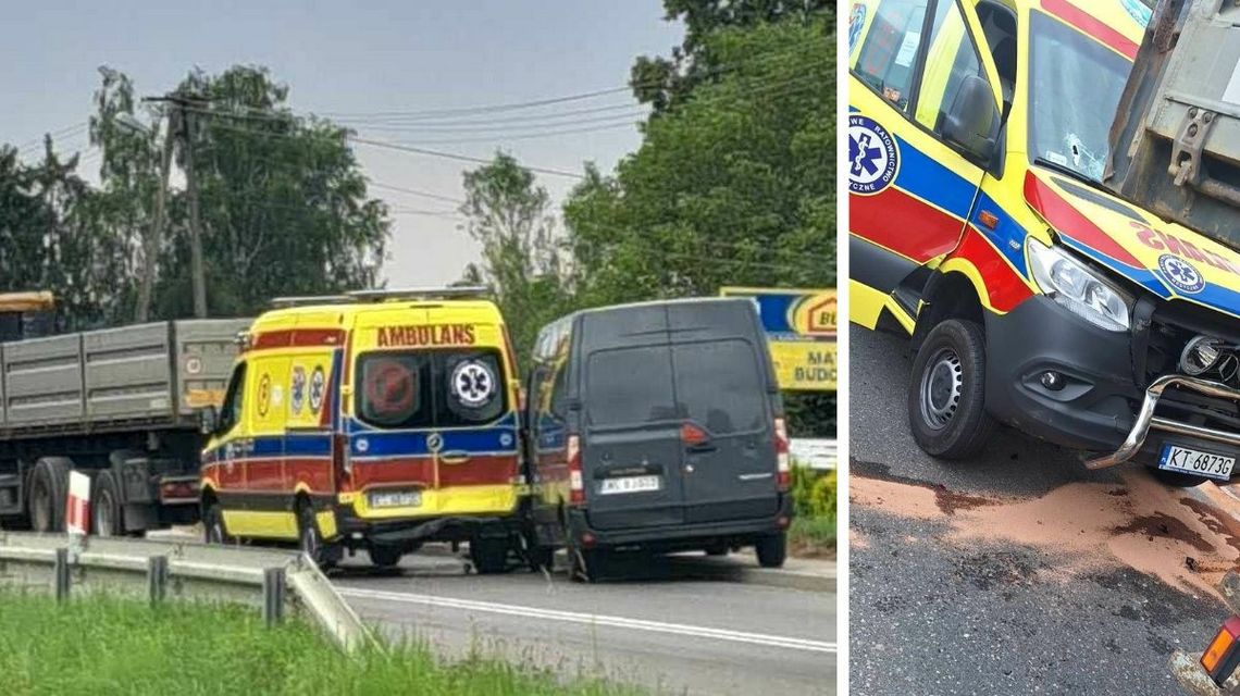 uszkodzona karetka pogotowia i pojazd tyu bus w łużnej