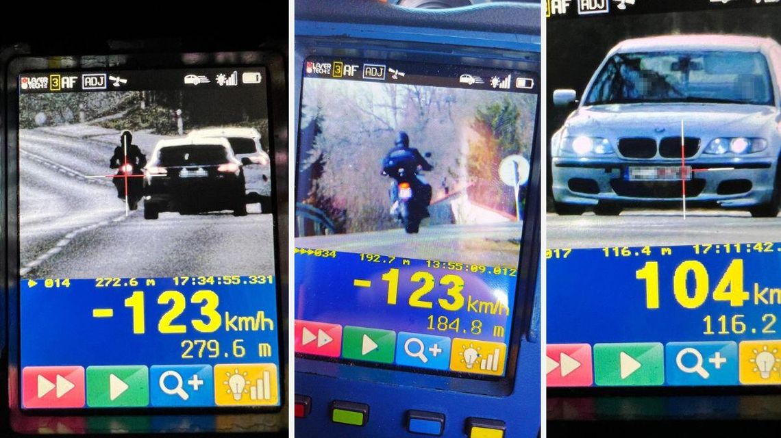 zdjęcie pokazuje ekran policyjnego radaru na których są motocykliści i samochód
