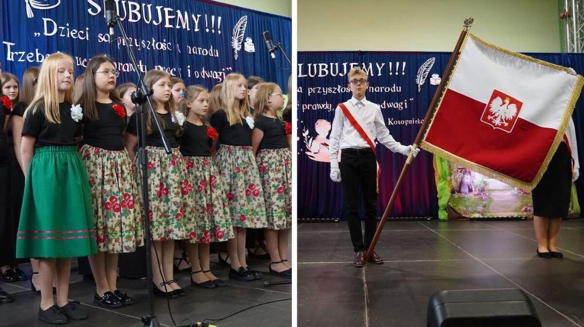 Zdjęcie przedstawia dzieci ze sztandarem