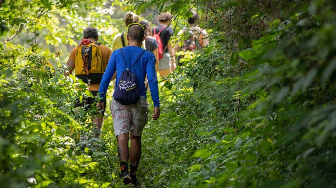 zdjęcie przedstawia kilka osób idących ścieżką po lesie