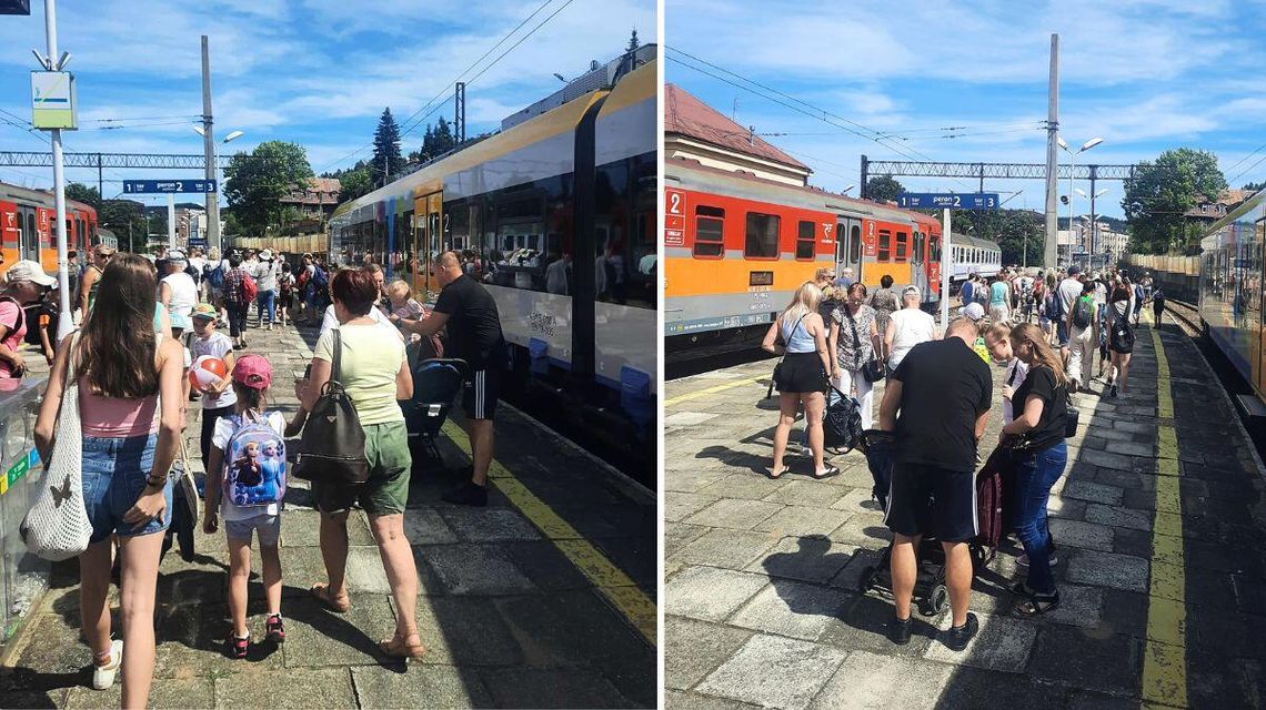 zdjęcie przedstawia ludzi na peronie między wagonami pociągu