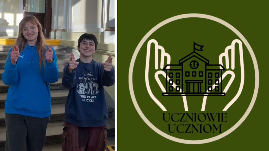 Nowa inicjatywa w Gorlicach. Uczniowie pomagają uczniom zdjęcie przedstawia dwie dziewczyny na schodach w szkole w Gorlicach