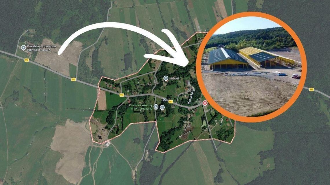 mapka z satelity, widok pól i lasów obok zdjęcie budowy hal produkcyjnych