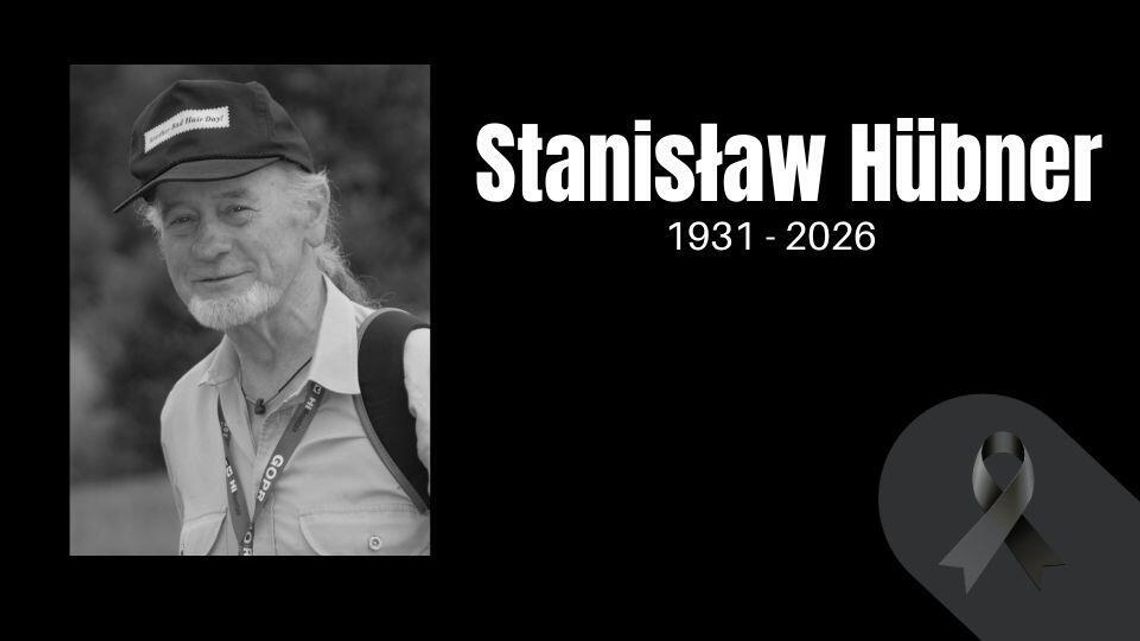 czarno-białe zdjęcie mężczyzny obok napis Stanisław Hubner