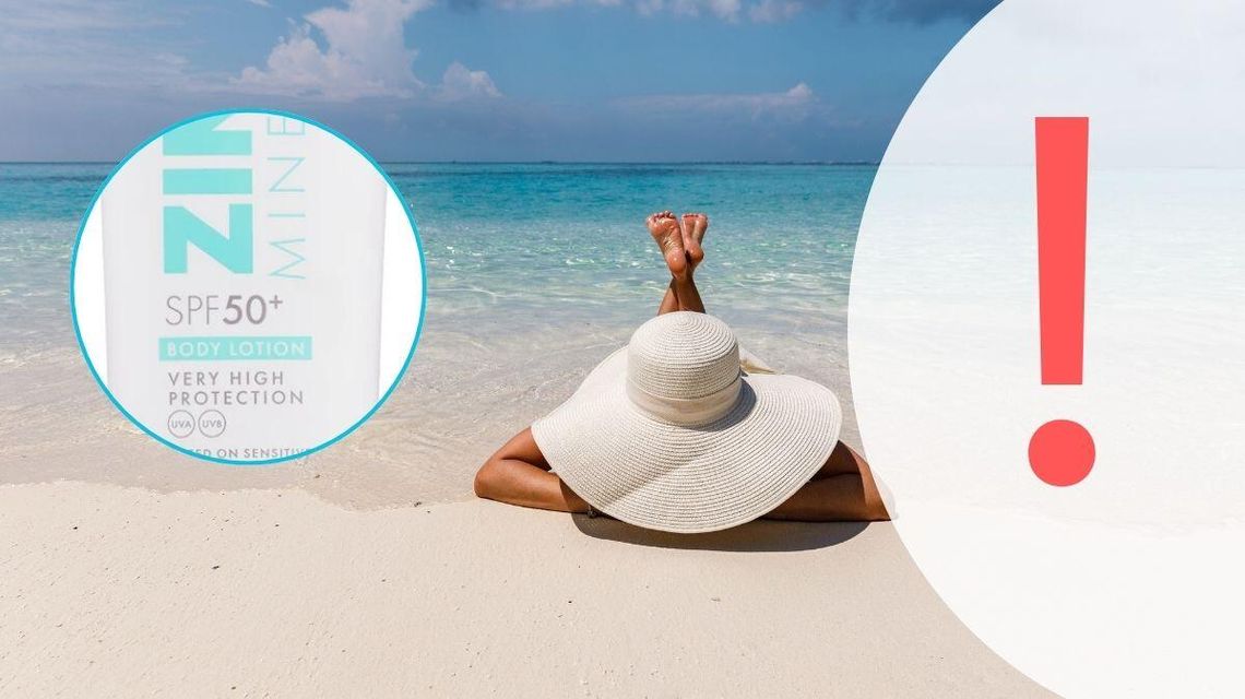 Zdjęcie przedstawia kosmetyki wycofane i kobietę na plaży