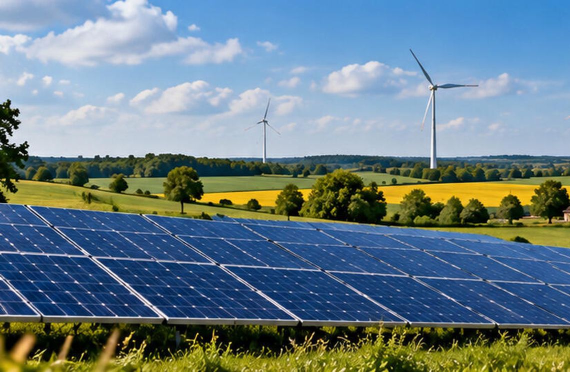 PGE uruchamia projekt pozyskiwania z rynku projektów OZE, magazynów energii i infrastruktury sieciowej zdjęcie przedstawia panele fotowoltaiczne i wiatraki