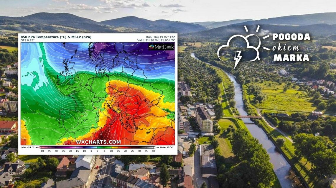 Widok z drona na centrum Gorlic i mapa pogody Polski