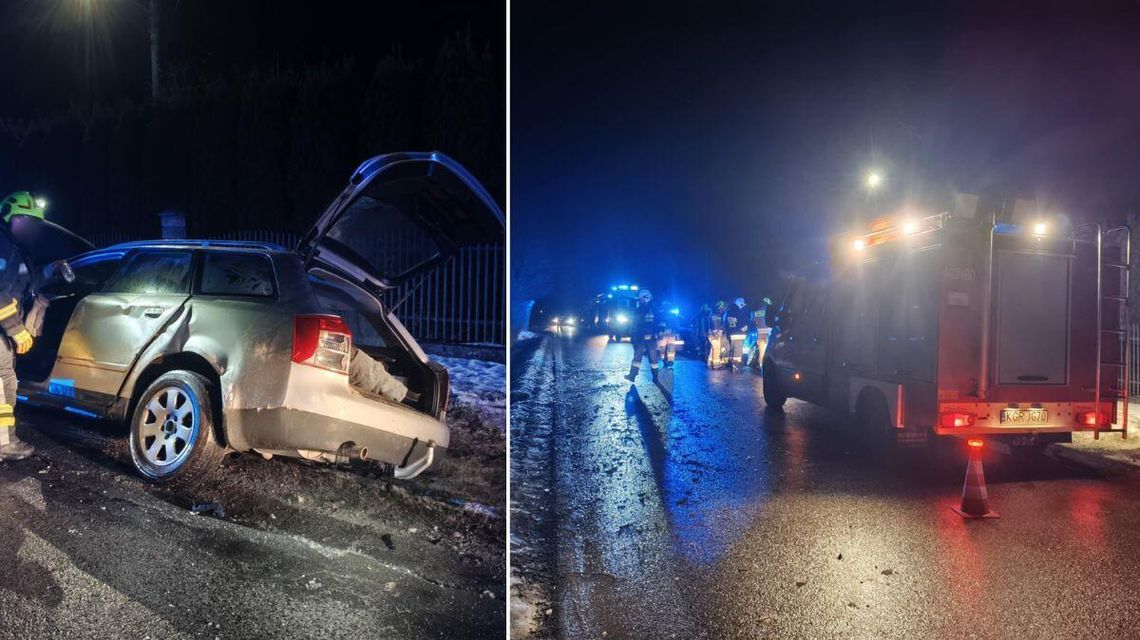 zdjęcie przedstawia pojazd w rowie, obok wozy straży pożarnej