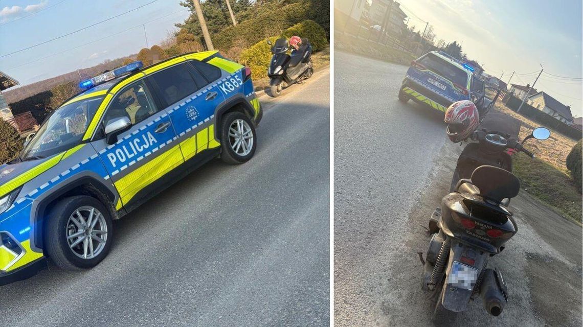 zdjęcie przedstawia policyjny radiowóz a za nim stojący skuter