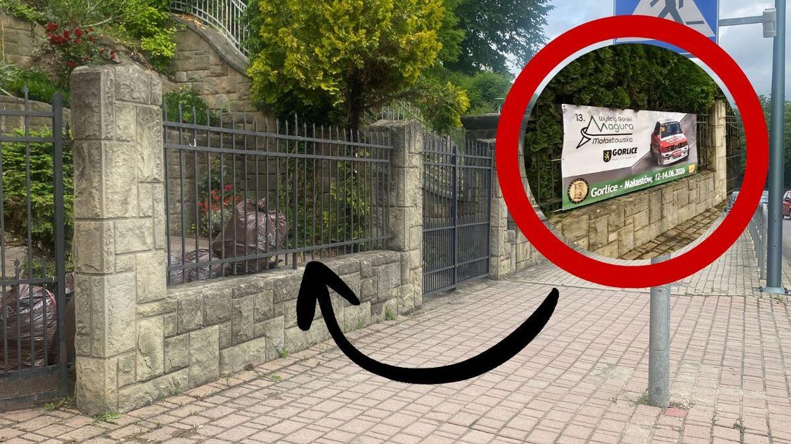 Plakat Wyścigu Górskiego Magura Małastowska zniknął w nocy. Organizator publikuje apel Zdjęcie przedstawia chodnik przy bramie odgradzającej posesie