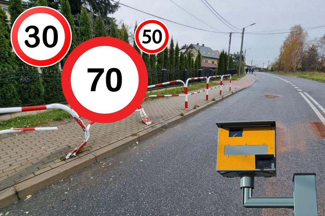 zdjęcie przedstawia ulicę w mieście, powyginane bariery przy chodniku, grafika znaków ograniczenia prędkości