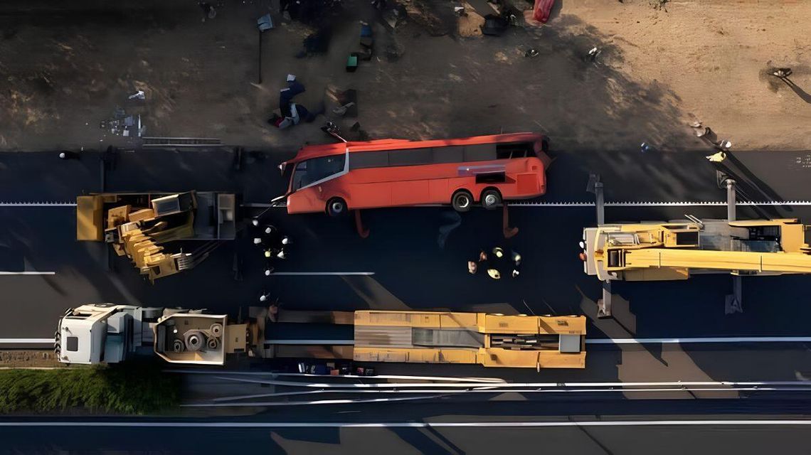 autobus leżący na boku między dzwigami
