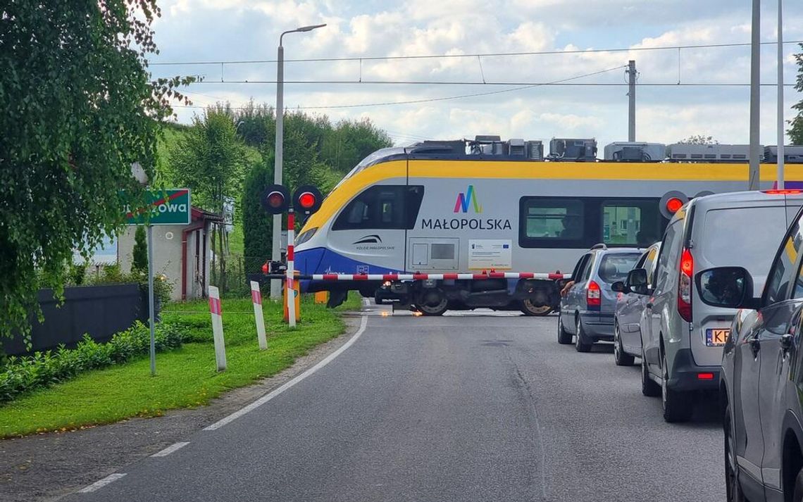 Zdjęcie przedstawia przejeżdżający pociąg przez przejazd kolejowy