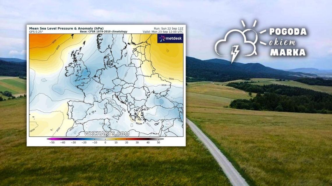 wzgórza w oddali, na pierwszym planie polany i mapa pogody europy