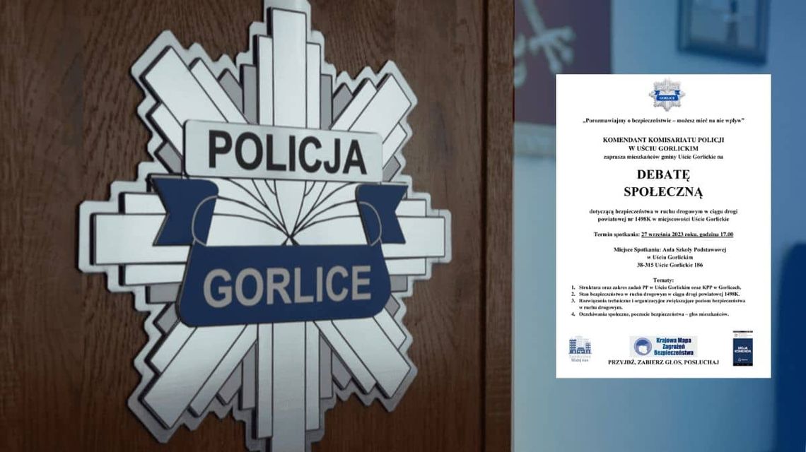 logotyp policji gorlickiej, a z prawej strony plakat z zaproszeniem na spotkanie