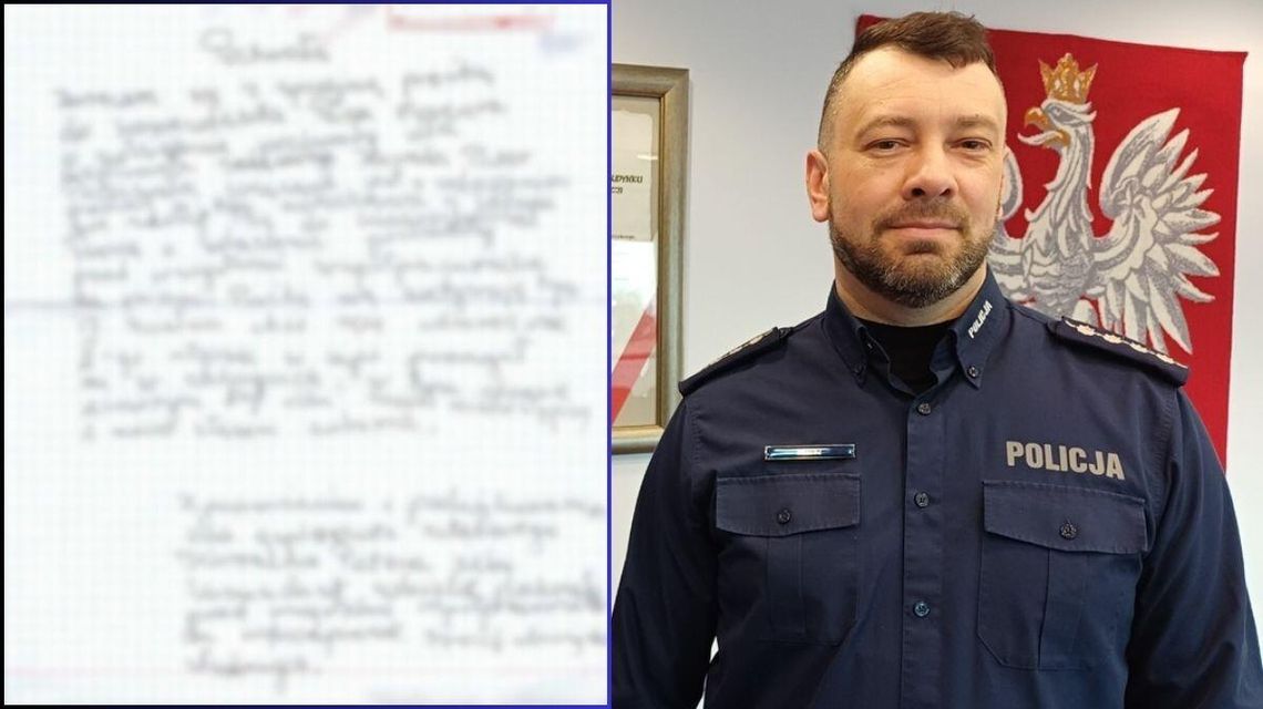 zdjęcie przedstawia policjanta oraz list z podziękowaniami