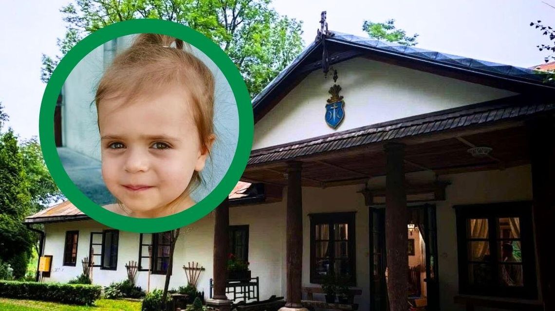 zdjęcie przedstawia budynek dworku z zewnątrz, obok portret dziewczynki (Nikola Woźniak)