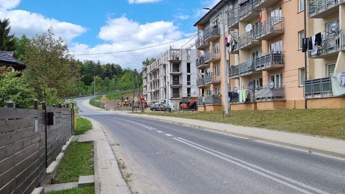 Zdjęcie przedstawia bloki mieszkalne przy ulicy, w oddali las