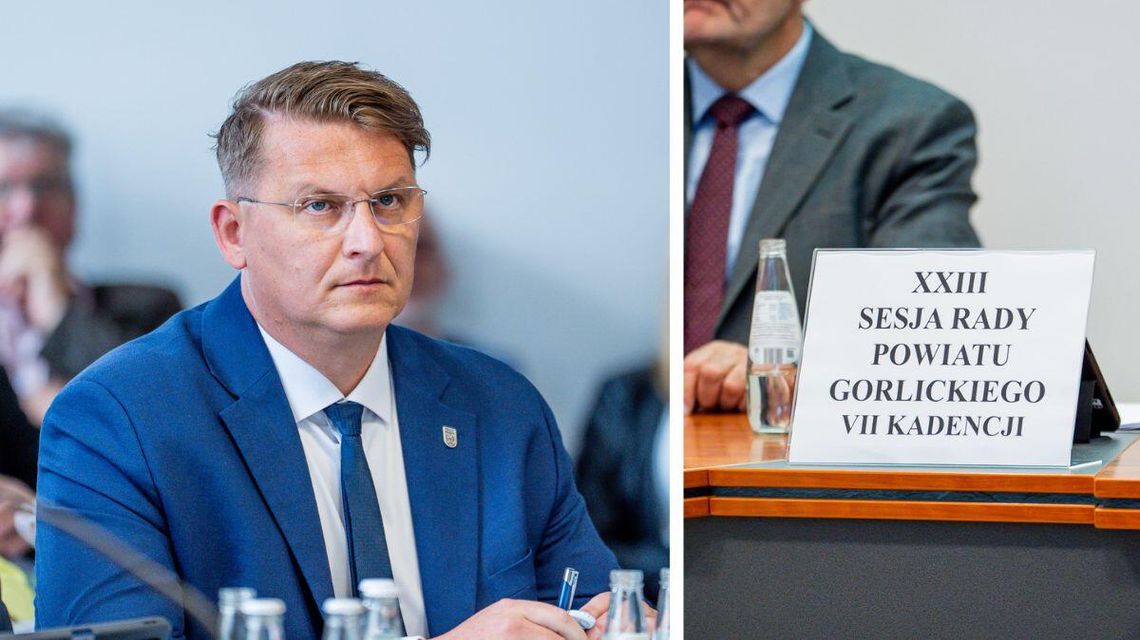 Ponad 53 mln zł na inwestycje w Powiecie Gorlickim. Drogi, szkoły i szpital wśród najważniejszych zadań zdjęcie przedstawia Marcina Krzemińskiego i tabliczkę
