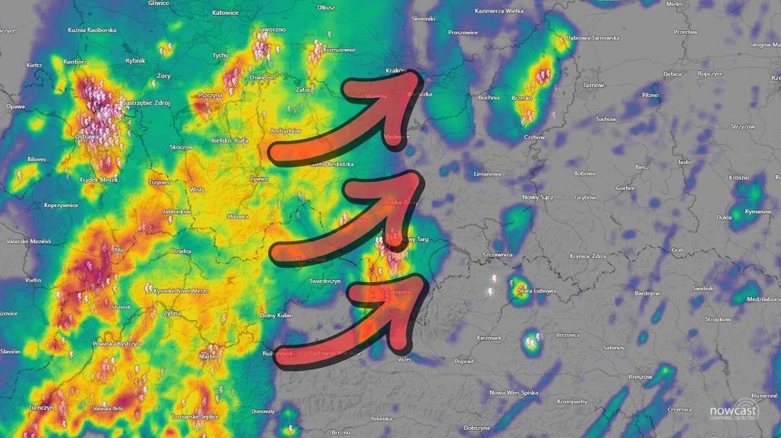 zdjęcie przedstawia mapę pogody ze strzałkami
