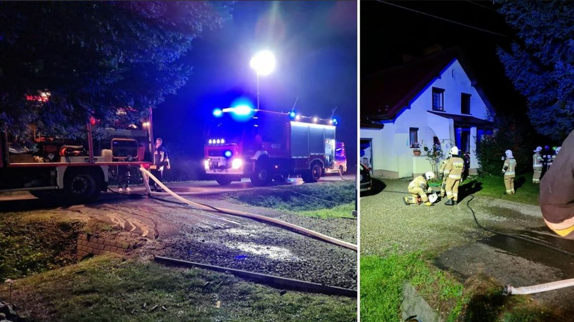 strażacy podczas akcji gaszenia pożaru w domu w Dębowcu w powiecie jasielskim