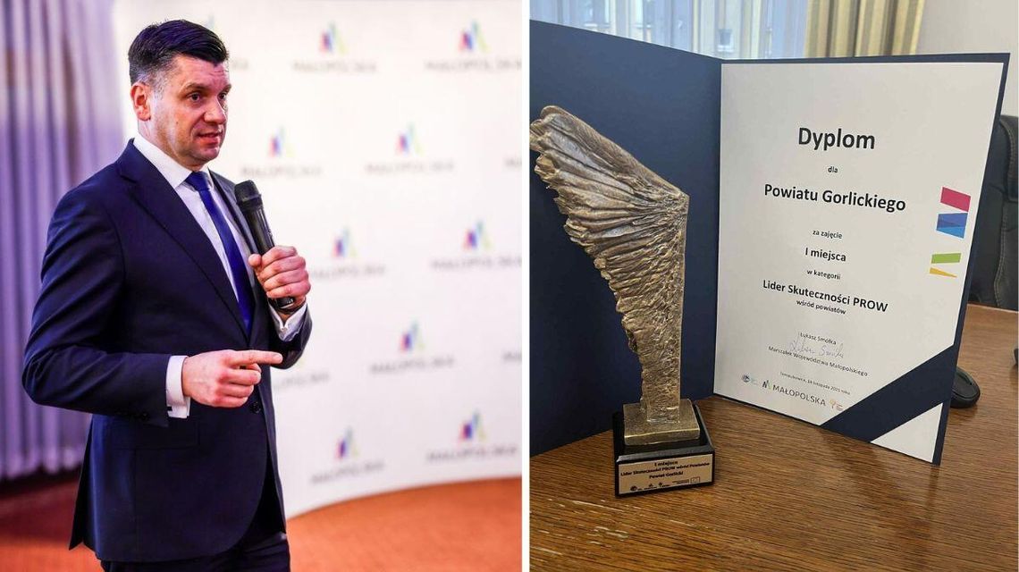 Zdjęcie przedstawia Marszałka Województwa Małopolskiego Łukasza Smółkę i dyplom