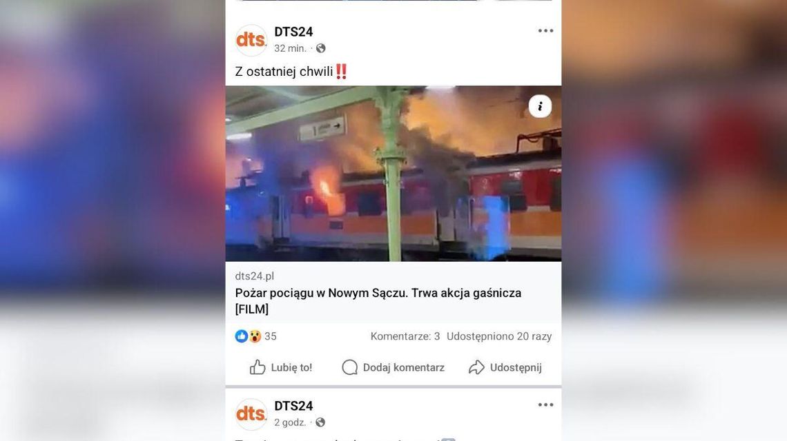 Pożar pociągu na dworcu PKP w Nowym Sączu — trwa akcja gaśnicza zdjęcie przedstawia palący się pociąg