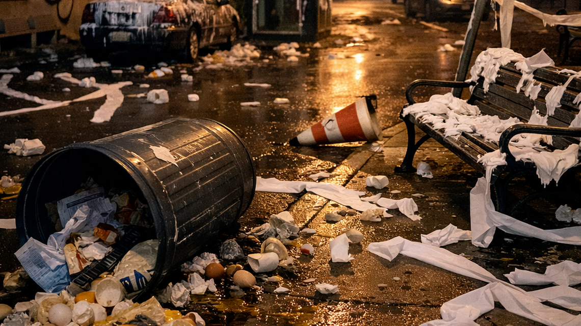 zdjęcie przedstawia rozrzucony papier toaletowy po ulicy