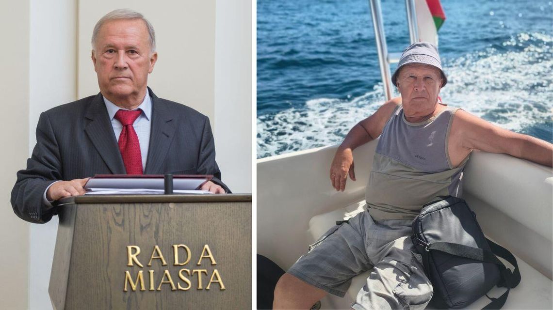 Zdjęcie przedstawia mężczyznę w garniturze i pod krawatem, obok zdjęcie w łódce