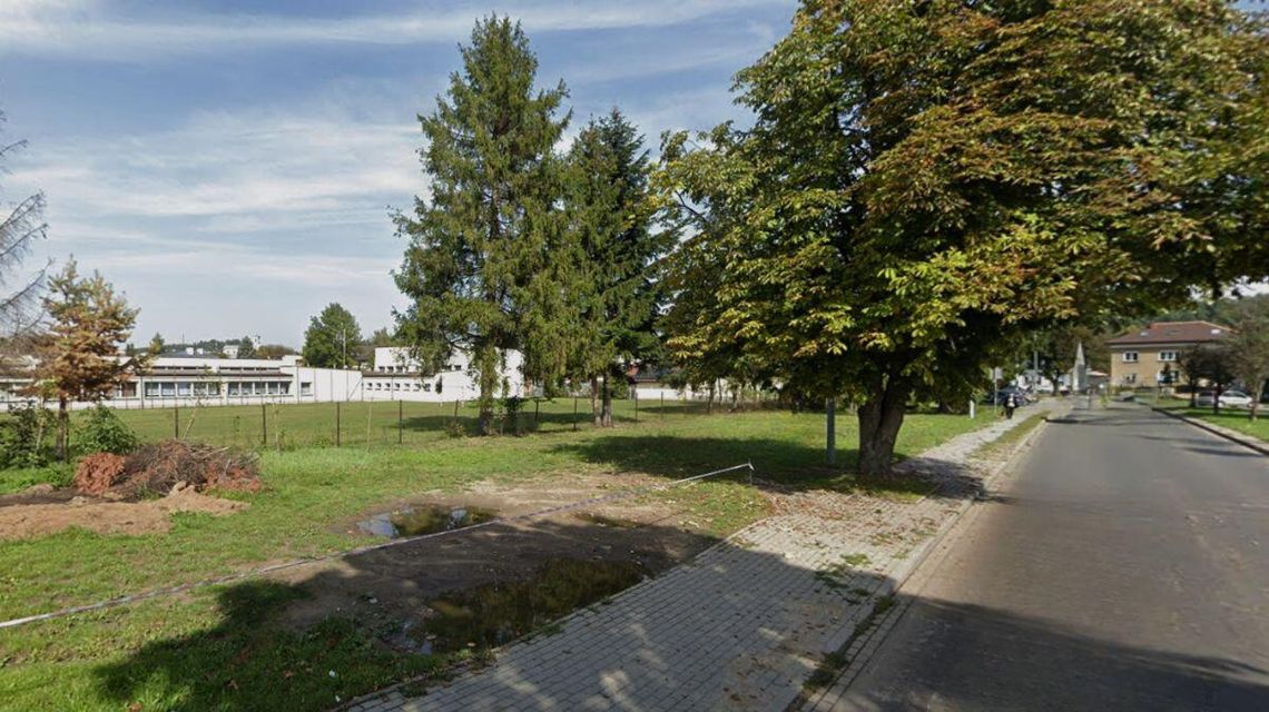 Radny powiatowy wie, jak upiec dwie pieczenie na jednym ogniu zdjęcie przedstawia łąkę przed budynkami za siatką ogrodzeniową, obok ulica