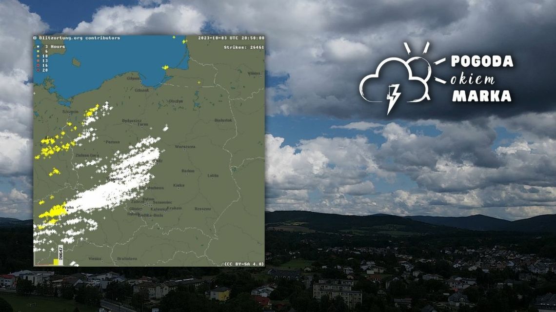 Chmury nad Gorlicami i mapa wyładowań atmosferycznych