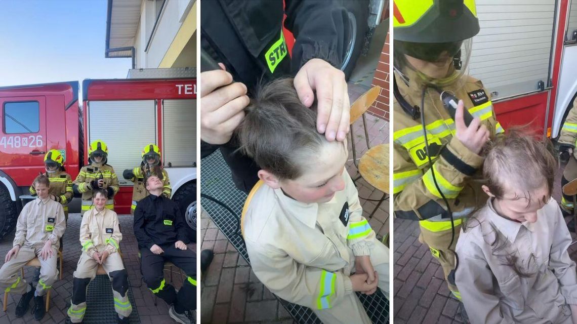 zdjęcie przedstawia chłopców którym kobieta w mundurze strażaka goli głowę