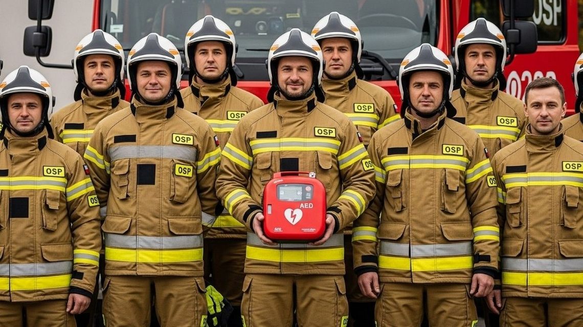 zdjęcie przedstawia strażaków w mundurach trzymających urządzenie AED