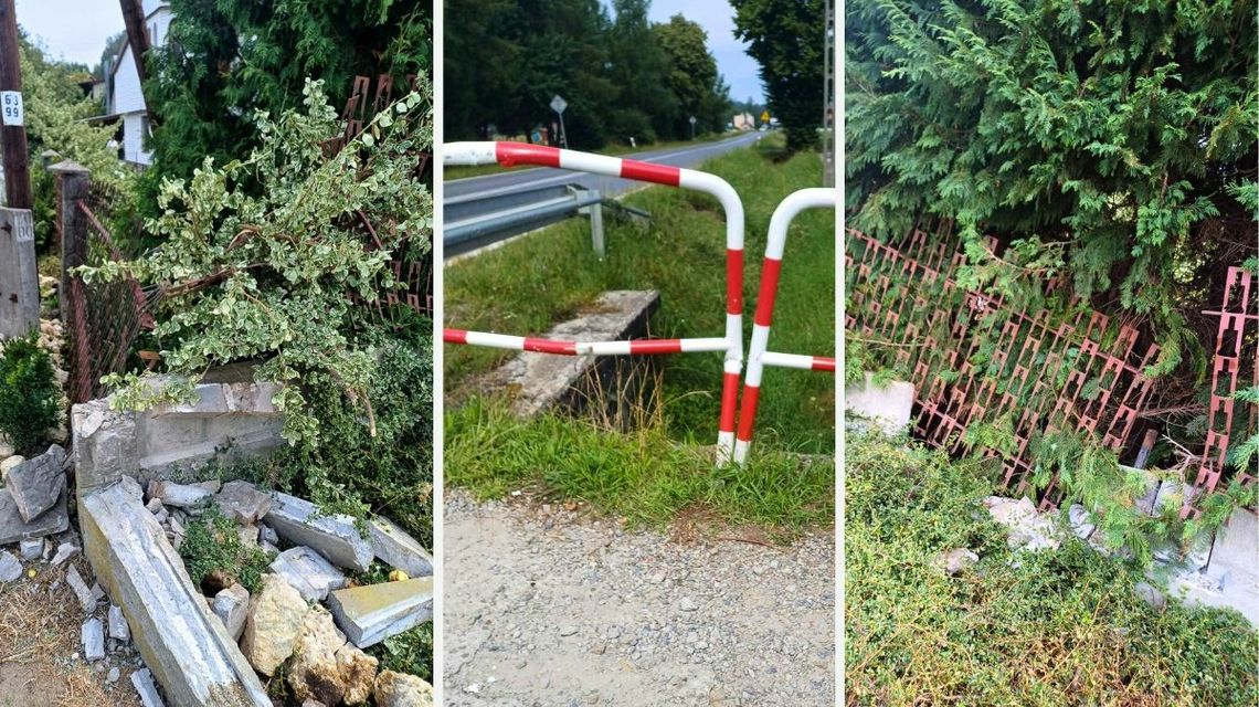 zniszczone ogrodzenie i betonowy przepust po zdarzeniu drogowym w Sękowej