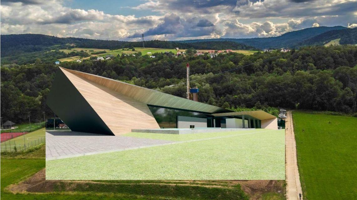 zdjęcie przedstawia grafikę budynku nałożoną na zdjęcie pola i wzniesienia