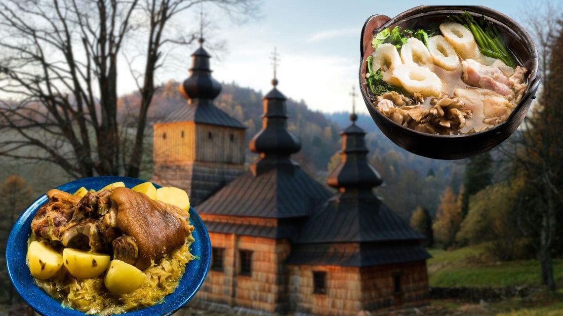 Smaki i miejsca z Gorlic i okolic – sprawdź, ile naprawdę wiesz Zdjęcie przedstawia cerkiew i dania regionalne