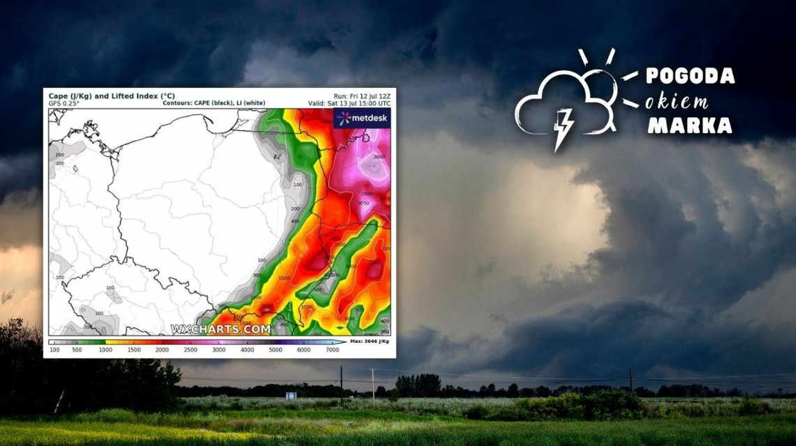 ciemne burzowe chmury na horyzoncie, obok grafika pogody w polsce