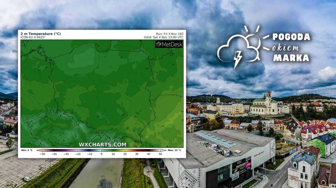 widok na gorlice z drona, po lewej stronie mapa pogody polski