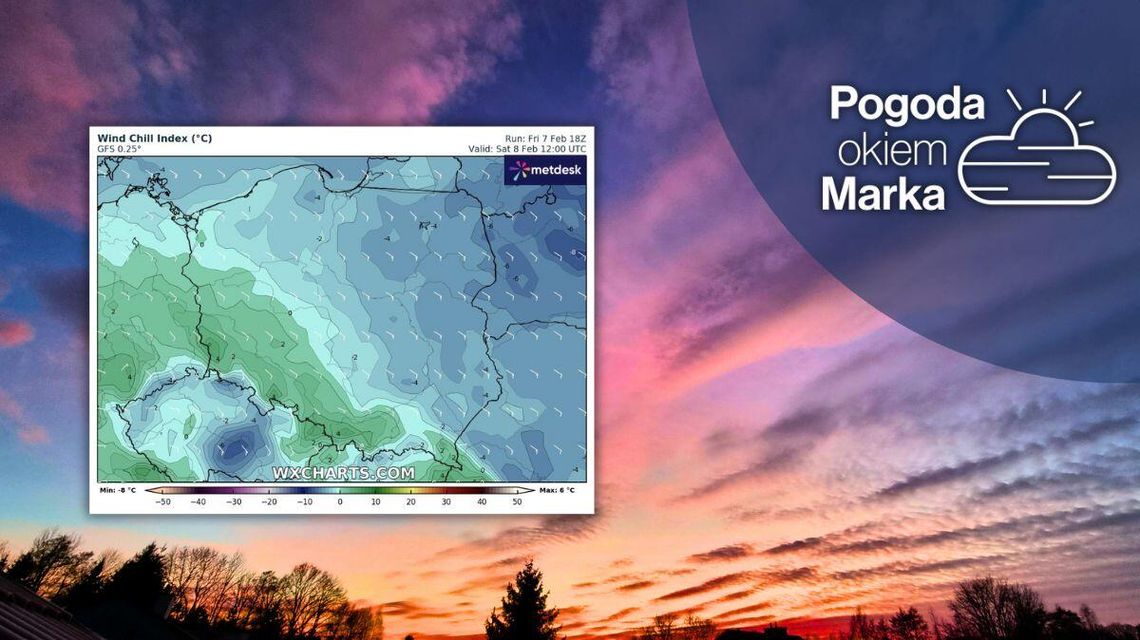 zdjęcie przedstawia grafikę pogody polski, w tle zdjęcie nieba czerwonego od wschodzącego słońca