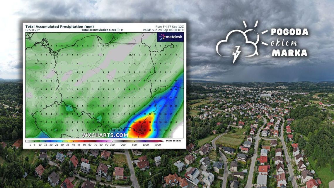 widok na miasto z drona, obok grafika rozkładu opadów w polsce