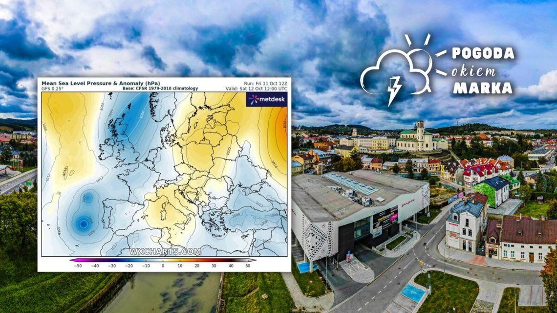 widok na miasto z drona, obok grafika rozkładu temperatury w polsce