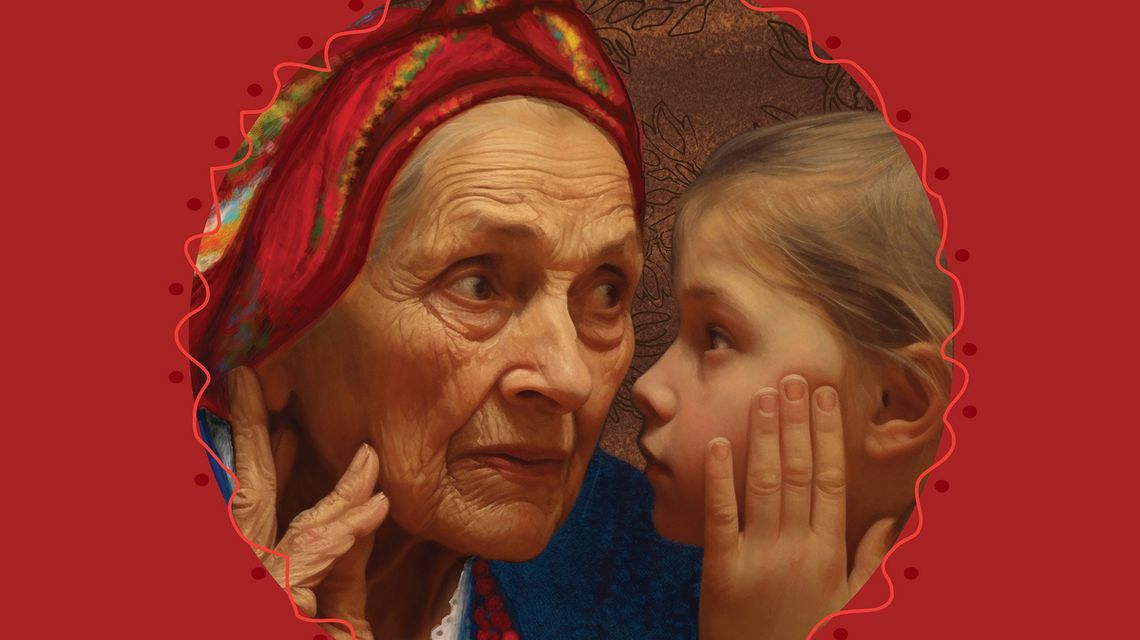 plakat promocyjny starsza kobieta w chuście słucha z przejęciem małej dziewczynki