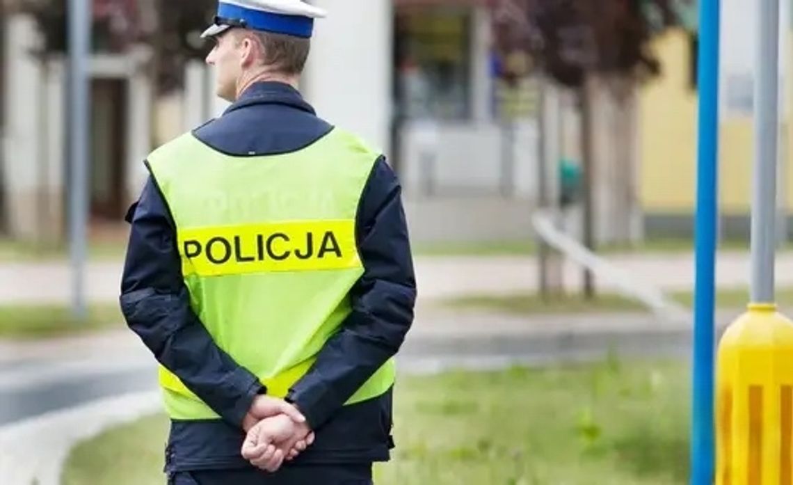 zdjęcie policjanta, który stoi tyłem w kamizelce z napisem policja