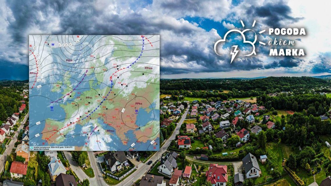 widok na miasto z drona, obok grafika rozkładu temperatury w Europie