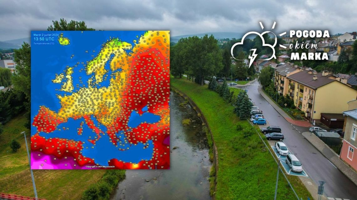 widok na miasto z drona, obok grafika rozkładu temperatury w Europie