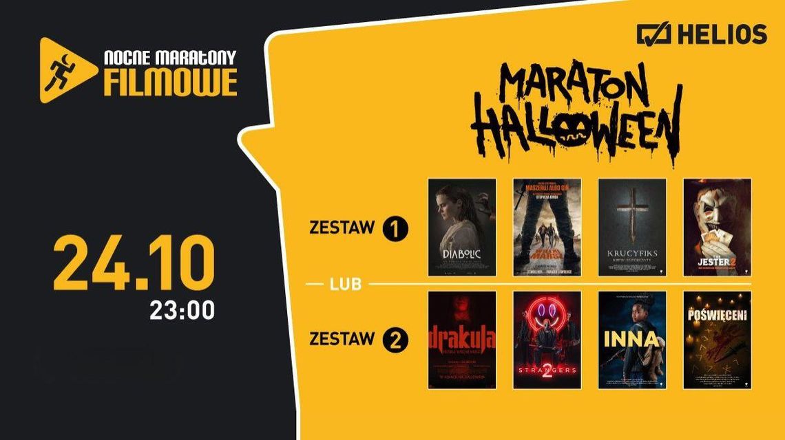Zdjęcie przedstawia grafikę z rozdaniem na maraton halloween w kinie Helios