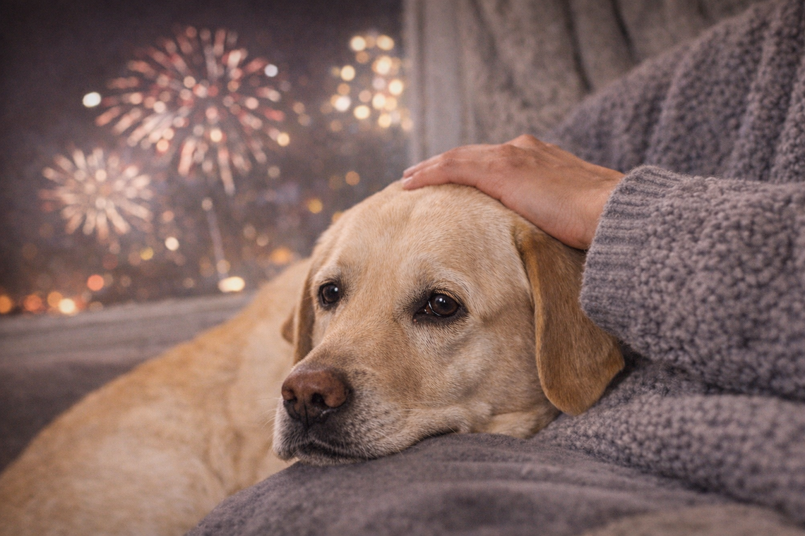zdjęcie przedstawia wystraszonego psa w noc sylwestrową