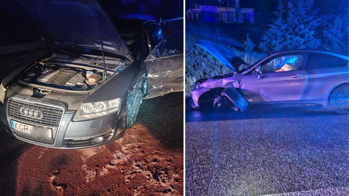 zdjęcie przedstawia uszkodzone samochody na jezdni w nocy